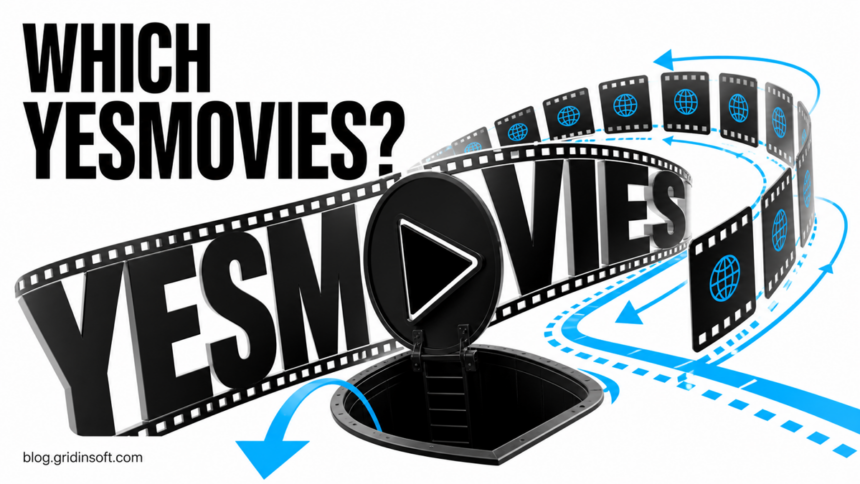 Is YesMovies Safe? Clone Sites, Redirects, and Cleanup 1 YesMovies filmstrip changing routes while a Play button opens into a trapdoor