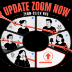 Zoom meeting tiles crossed by a zero-click annotation attack, with an update tile.