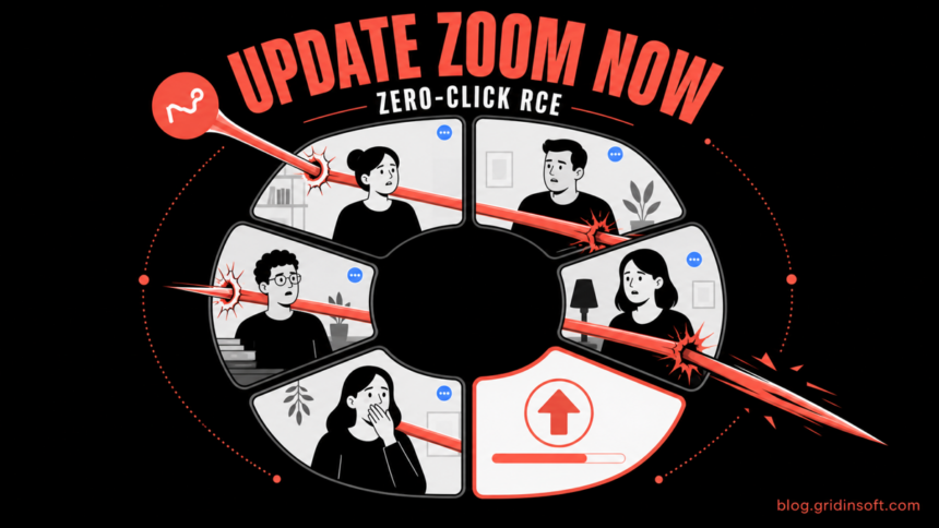 Zoom meeting tiles crossed by a zero-click annotation attack, with an update tile.