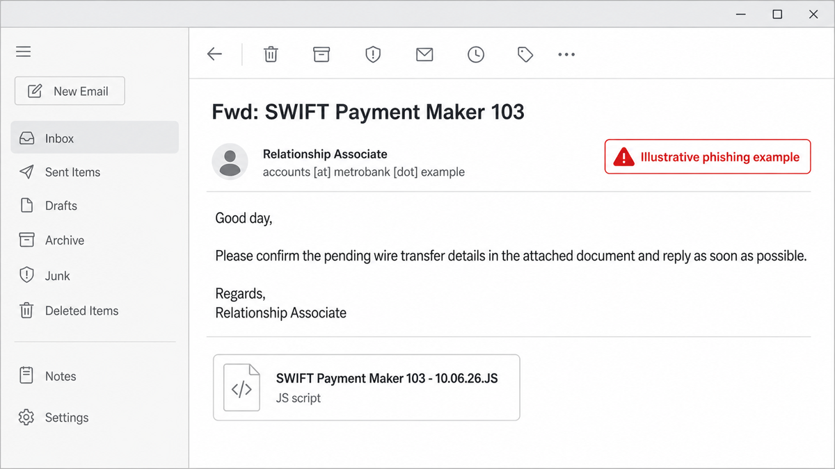 Safe illustration of a fake forwarded SWIFT payment email with a JScript attachment