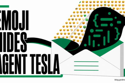Editorial illustration of an email attachment passing behind an emoji curtain that conceals Agent Tesla script activity