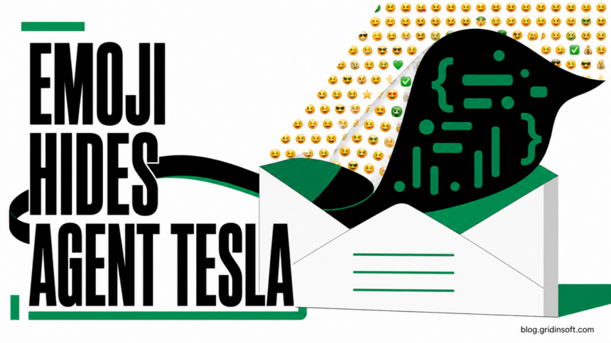 Editorial illustration of an email attachment passing behind an emoji curtain that conceals Agent Tesla script activity