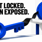 A closed blue vault and a key extending beyond its door.