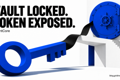 A closed blue vault and a key extending beyond its door.