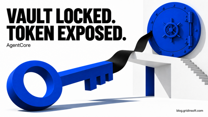 A closed blue vault and a key extending beyond its door.
