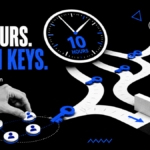 A clock and human-directed tokens follow branching blue-key paths, with one route blocked.