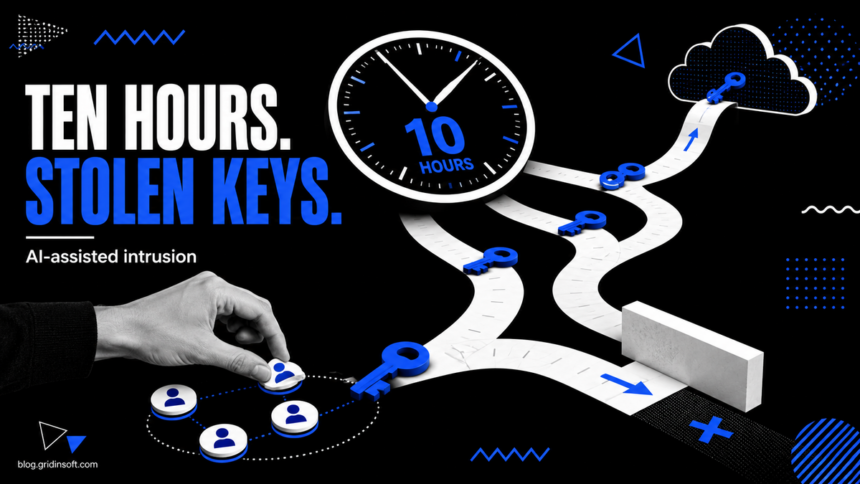 A clock and human-directed tokens follow branching blue-key paths, with one route blocked.