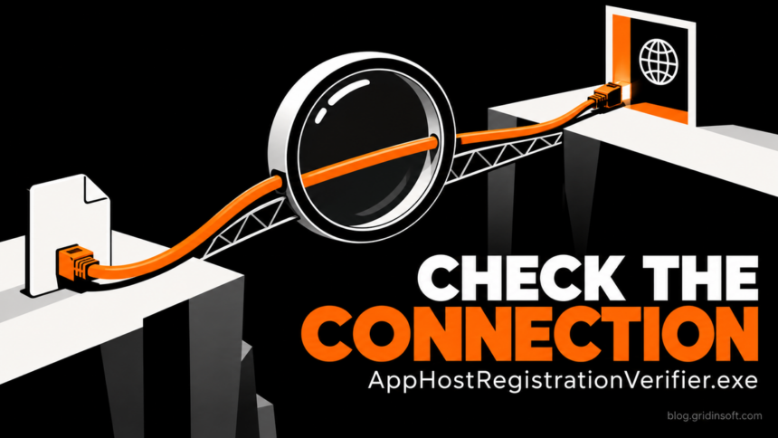 AppHostRegistrationVerifier.exe: Check a Firewall Alert 1 A magnifying lens inspects an orange connection between a file and a website.
