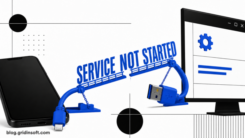 Broken cable bridge between an iPhone and Windows PC with Service Not Started text