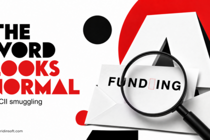 A magnifying glass reveals a marked gap in a funding word on an envelope.