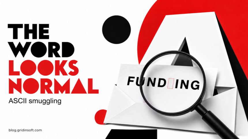 A magnifying glass reveals a marked gap in a funding word on an envelope.