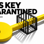 A yellow key extends through a black gate, illustrating the limits of AWS key quarantine.