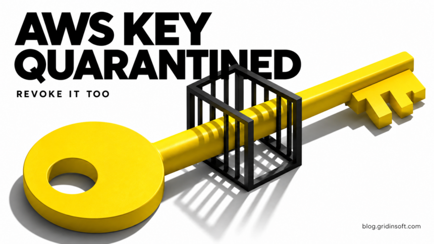 A yellow key extends through a black gate, illustrating the limits of AWS key quarantine.