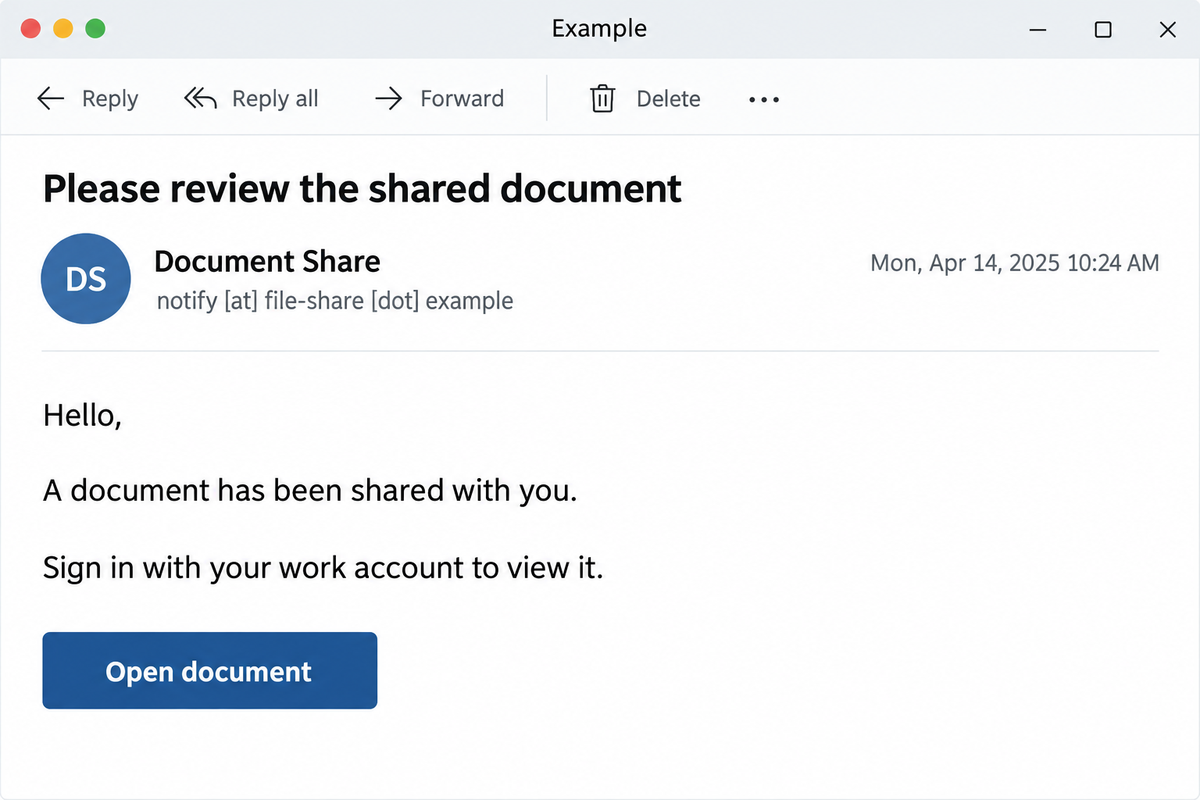 BigBear 2.0 Phishing: What to Do After Microsoft 365 MFA 2 Illustrative document-sharing email asking for a work account sign-in.