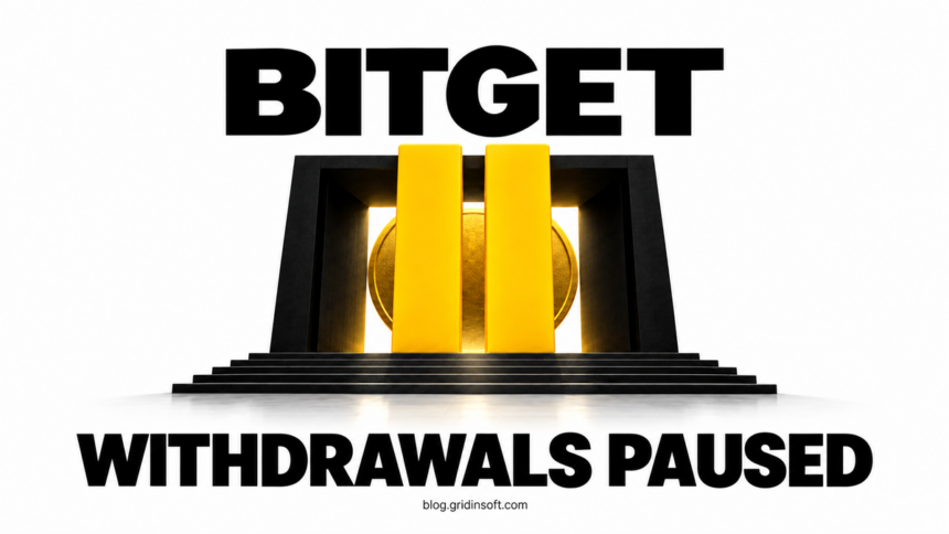 Bitget Reports $351.6 Million Wallet Incident, Pauses Withdrawals 1 A coin behind a doorway blocked by two yellow pause bars.