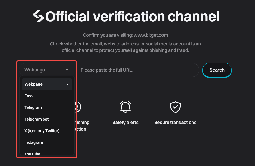 Bitget Reports $351.6 Million Wallet Incident, Pauses Withdrawals 2 Bitget official-channel verification form with the channel-type selector open.