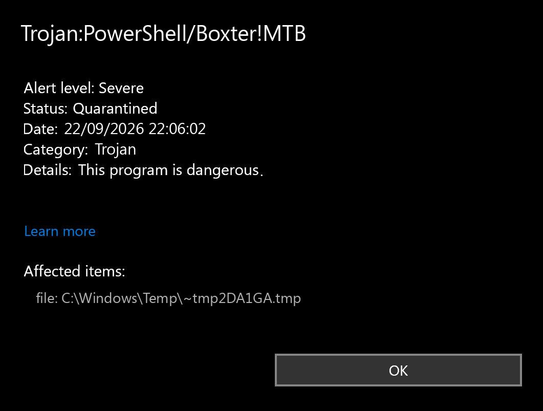 Trojan:PowerShell/Boxter!MTB: Remove It and Check Repeat Alerts 2 Microsoft Defender alert for Trojan:PowerShell/Boxter!MTB showing the item quarantined.