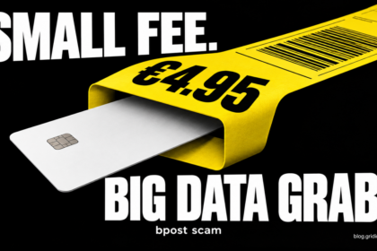 A €4.95 parcel label swallowing a bank card.
