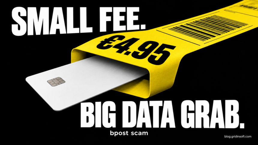bpost Phishing: A €4.95 Fee Leads to Card and Bank Details 1 A €4.95 parcel label swallowing a bank card.