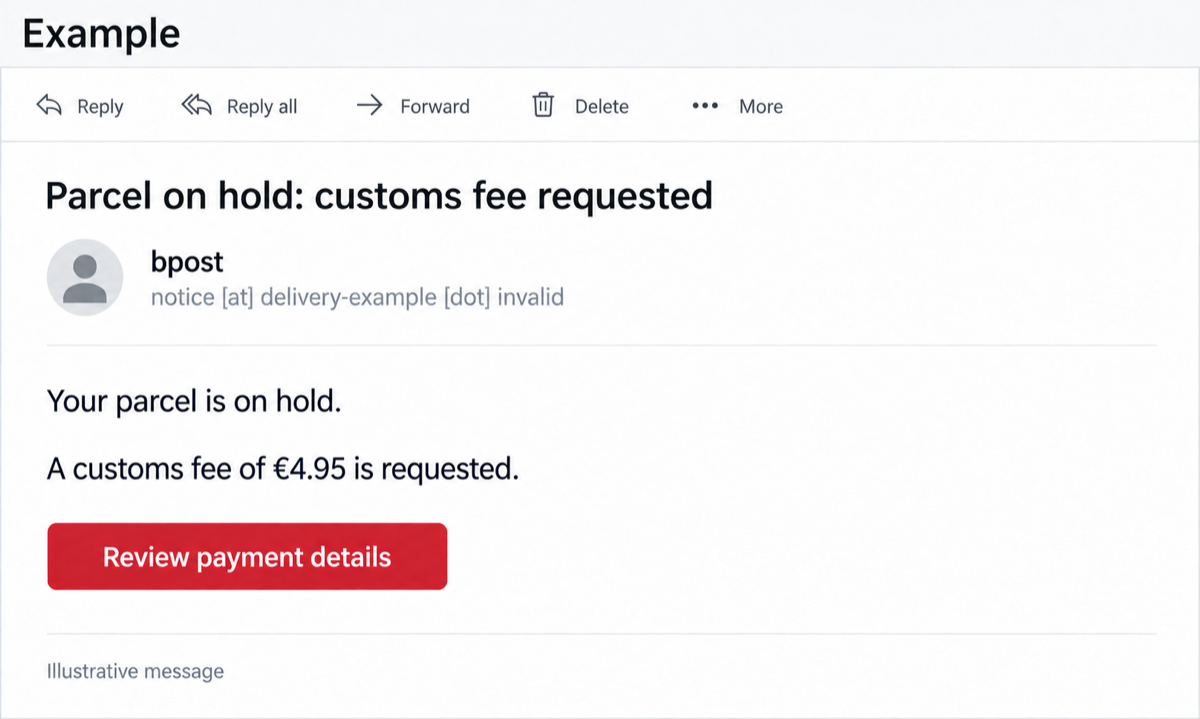 bpost Phishing: A €4.95 Fee Leads to Card and Bank Details 2 Illustrative bpost customs email with a fictional sender and €4.95 request.