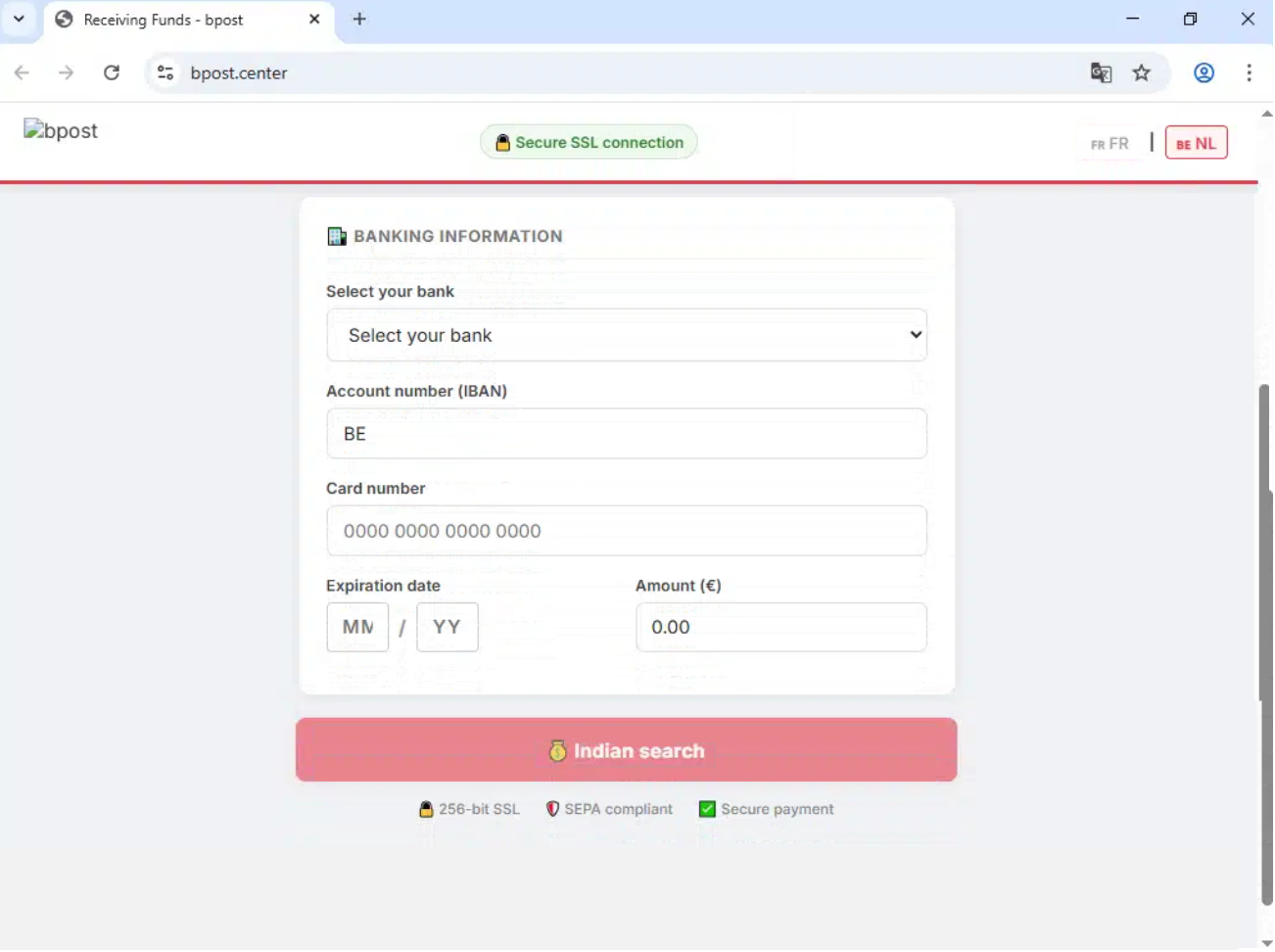 bpost Phishing: A €4.95 Fee Leads to Card and Bank Details 3 Researcher screenshot of a fake bpost form asking for an IBAN and card details.
