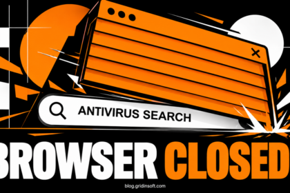 Orange browser shutter closing over the words Antivirus Search, with Browser Closed below
