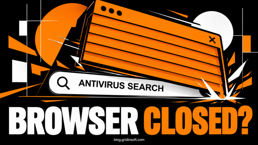 Orange browser shutter closing over the words Antivirus Search, with Browser Closed below