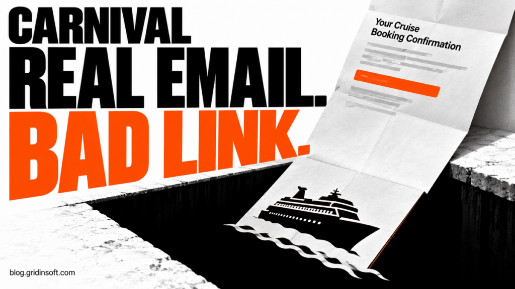 A cruise booking letter folds into a trapdoor, illustrating a genuine email with an unsafe destination.