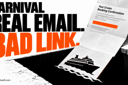 A cruise booking letter folds into a trapdoor, illustrating a genuine email with an unsafe destination.