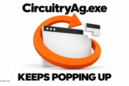 Orange return arrow surrounds an incomplete application window beside CircuitryAg.exe keeps popping up.