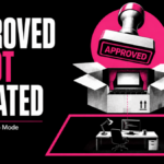An approval stamp over a paper theater sits above a separate physical workstation boundary.