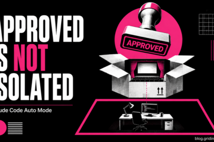 An approval stamp over a paper theater sits above a separate physical workstation boundary.