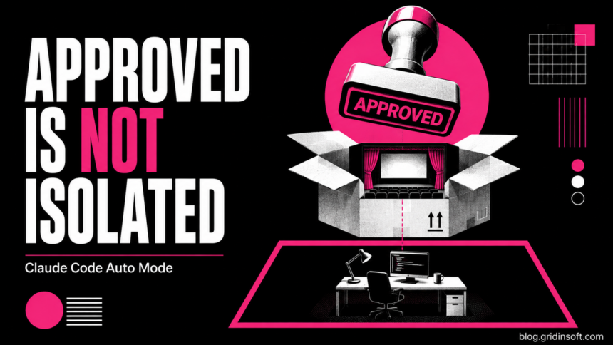 An approval stamp over a paper theater sits above a separate physical workstation boundary.