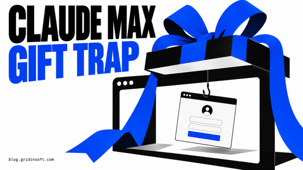 A gift ribbon suspends a fake sign-in window inside a browser frame, illustrating the Claude Max phishing lure.