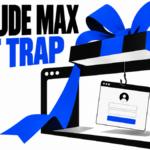A gift ribbon suspends a fake sign-in window inside a browser frame, illustrating the Claude Max phishing lure.