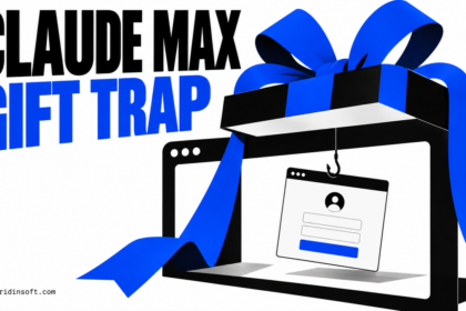 A gift ribbon suspends a fake sign-in window inside a browser frame, illustrating the Claude Max phishing lure.