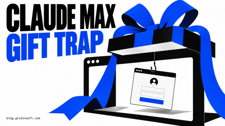 Claude Max Giveaway Fakes a Google Window to Steal Logins 1 A gift ribbon suspends a fake sign-in window inside a browser frame, illustrating the Claude Max phishing lure.