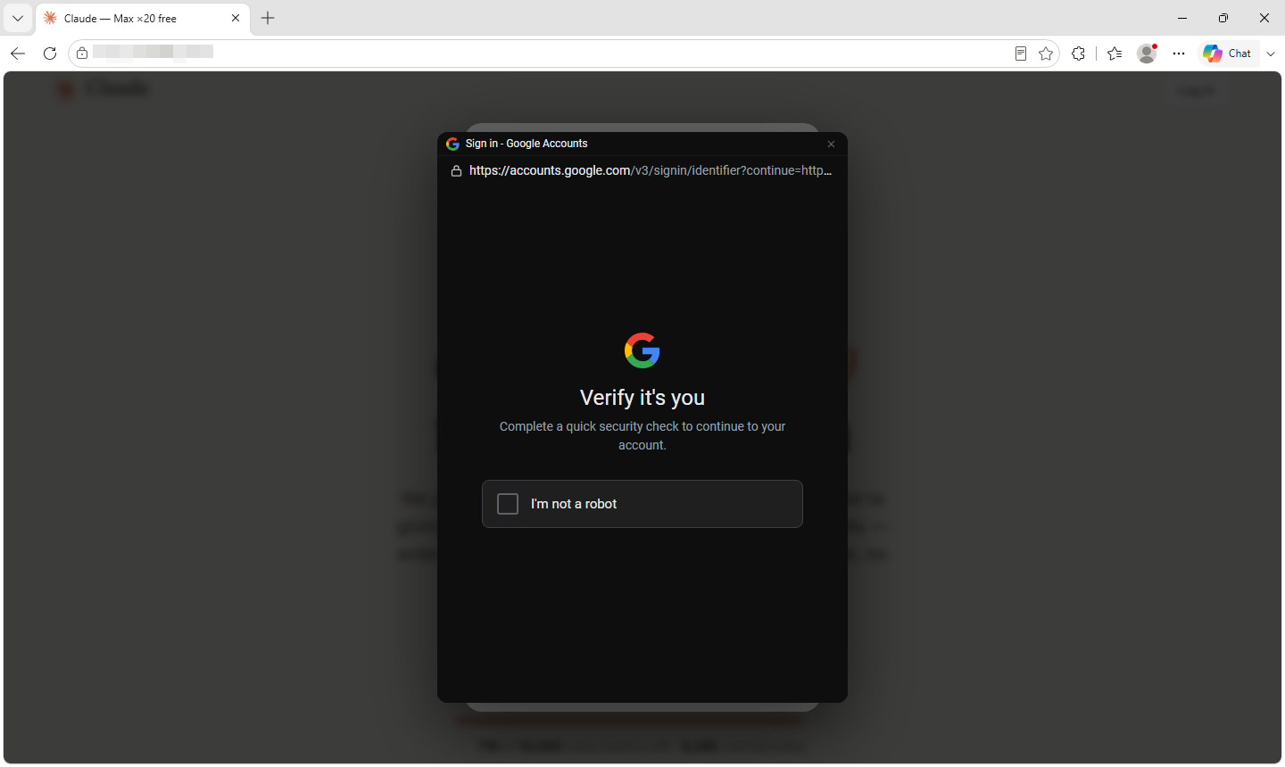 Claude Max Giveaway Fakes a Google Window to Steal Logins 2 Imitation Google verification window inside a fake Claude Max giveaway page; the real browser toolbar remains above it.