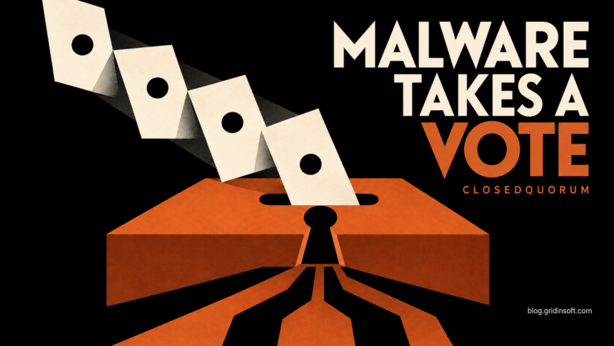 CLOSEDQUORUM: Windows Malware Puts Its Next Move to a Vote 1 Four ballots enter a copper box with a keyhole, representing CLOSEDQUORUM’s AI voting mechanism.