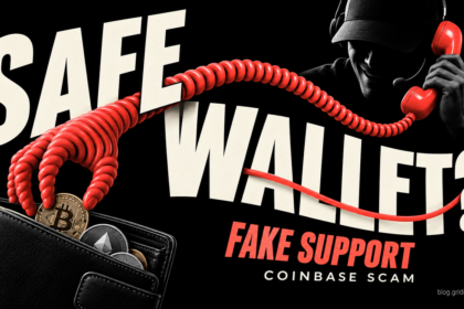 A telephone cord turns into a hand stealing cryptocurrency from a wallet.