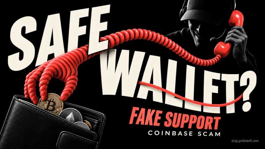 A telephone cord turns into a hand stealing cryptocurrency from a wallet.
