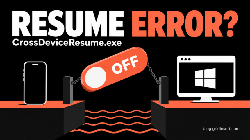 Resume error message above an off switch bridging a phone and a Windows PC.