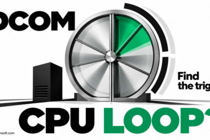 An oversized revolving door illustrates a recurring DCOM CPU loop.