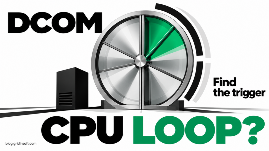 An oversized revolving door illustrates a recurring DCOM CPU loop.