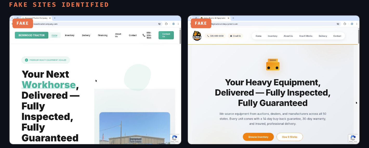 Fake Car Dealership Websites: Verify Before You Pay 2 Two suspected equipment dealer sites with different names and a nearly identical website template.