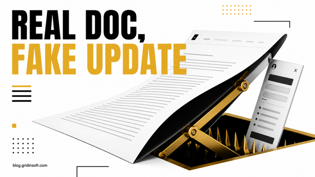 A folded white document becomes a black and gold trap beside the words Real Doc, Fake Update