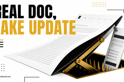 A folded white document becomes a black and gold trap beside the words Real Doc, Fake Update