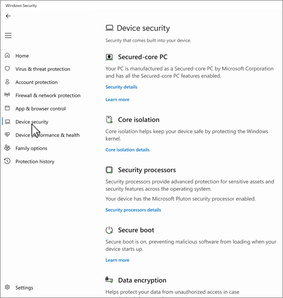 Secure System High Memory: Check VBS Before Disabling It 2 Windows Security Device security page with the Core isolation details link.