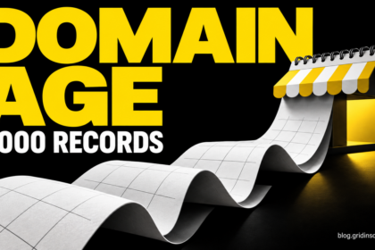 A calendar unfolds into a shop awning beside the words Domain Age and 1,000 Records.