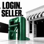 A green sign-in gate leads a payment card toward an empty storefront.